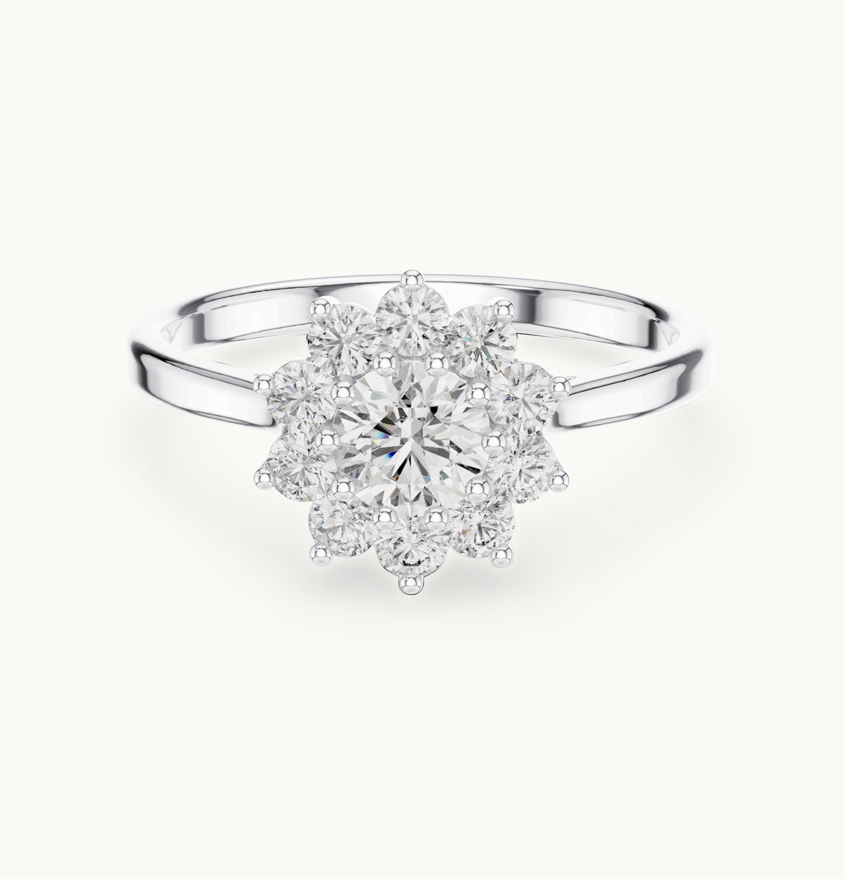 Round lab-grown diamond flower halo engagement ring in white gold, 0.75 CT TW, view 4
