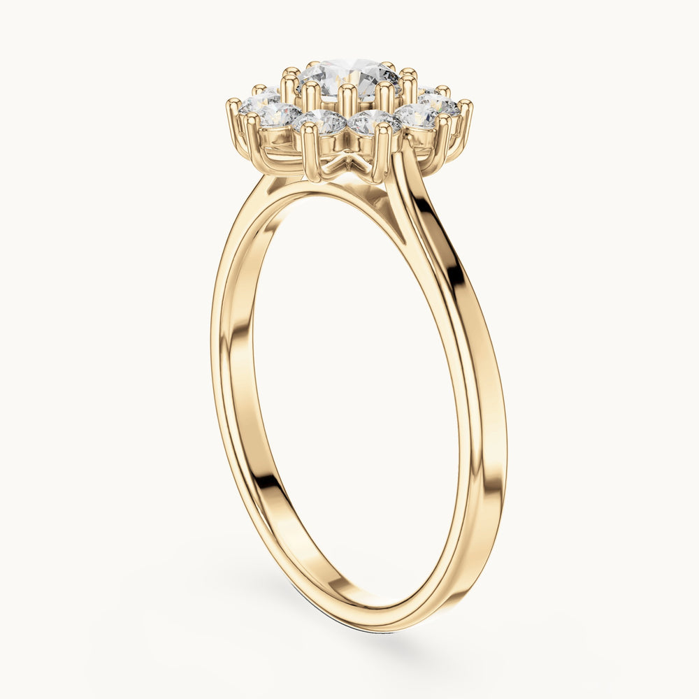 Round lab-grown diamond flower halo engagement ring in yellow gold, 0.75 CT TW, view 1