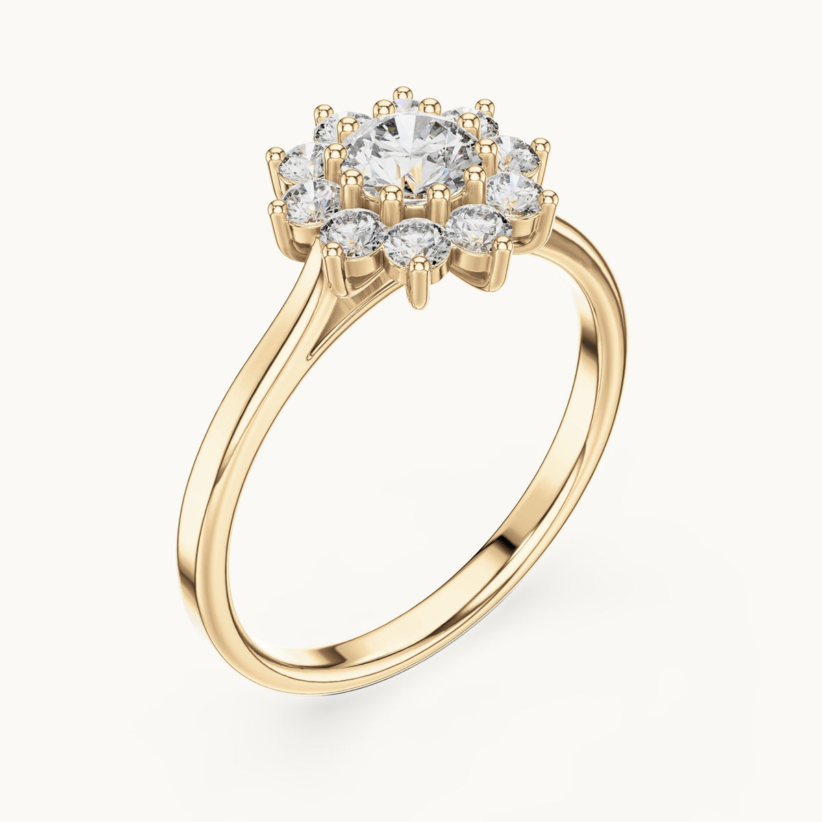 Round lab-grown diamond flower halo engagement ring in yellow gold, 0.75 CT TW, view 2