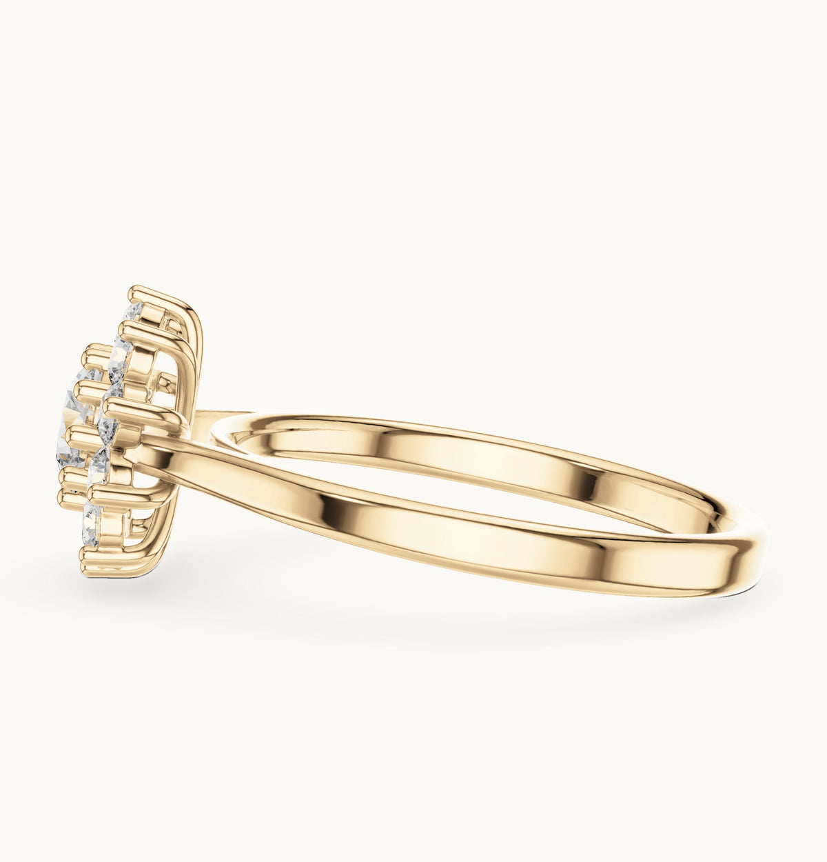 Round lab-grown diamond flower halo engagement ring in yellow gold, 0.75 CT TW, view 3