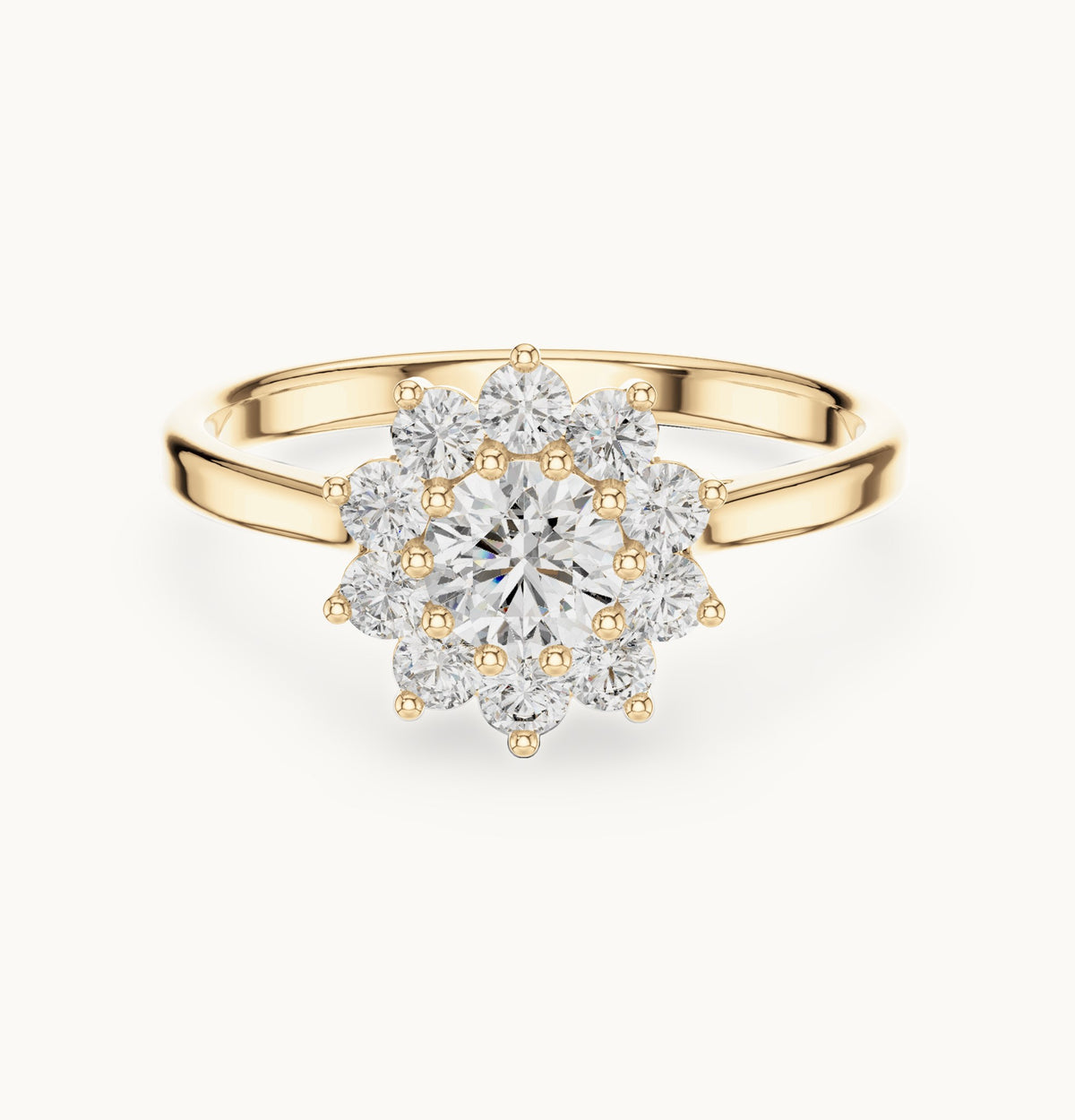 Round lab-grown diamond flower halo engagement ring in yellow gold, 0.75 CT TW, view 4