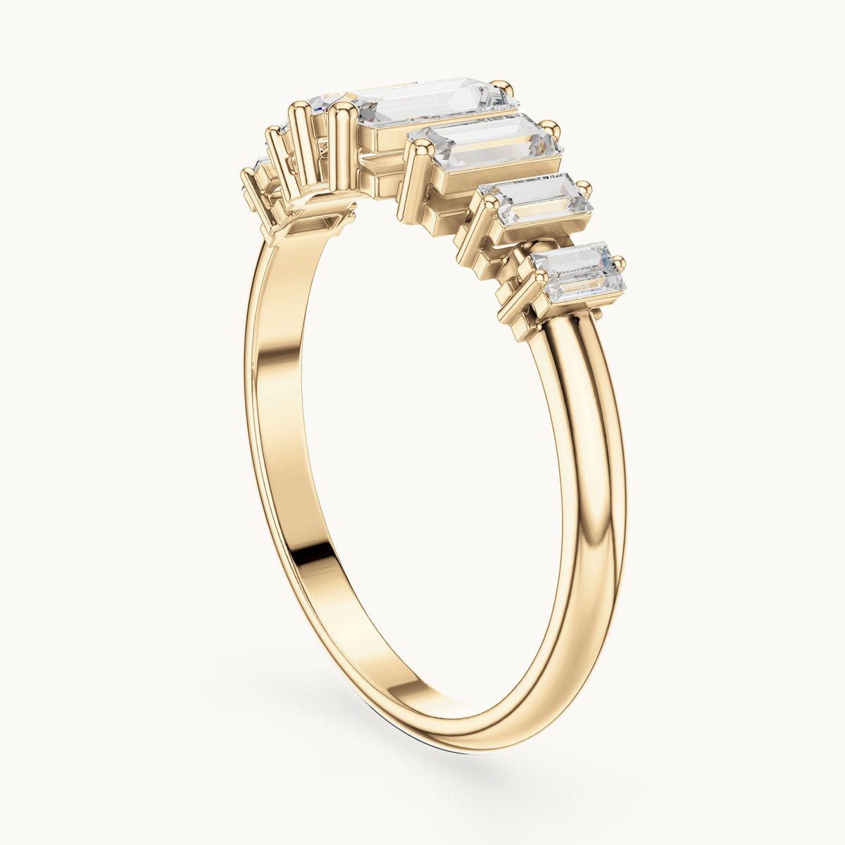 Baguette lab-grown diamond graduated anniversary band in yellow gold, 0.58 CT TW, view 1
