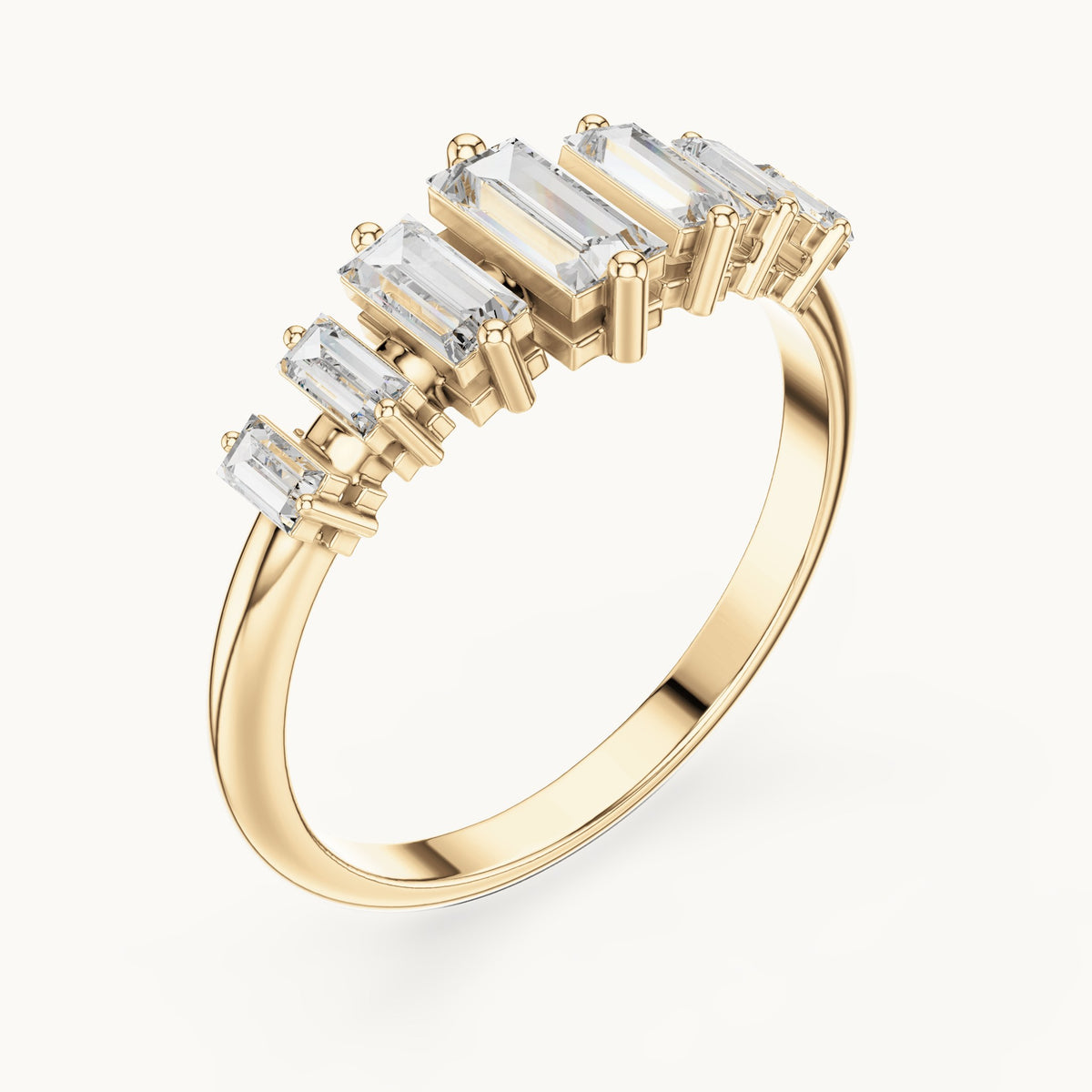 Baguette lab-grown diamond graduated anniversary band in yellow gold, 0.58 CT TW, view 2