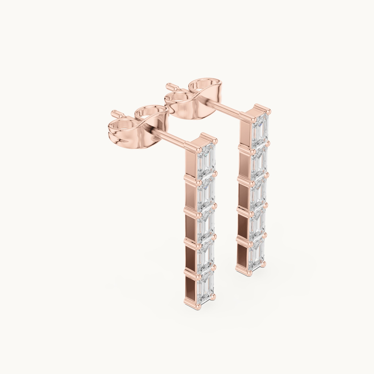 Emerald-cut lab-grown diamond line drop earrings in 14K rose gold, 0.70 CT TW, view 1