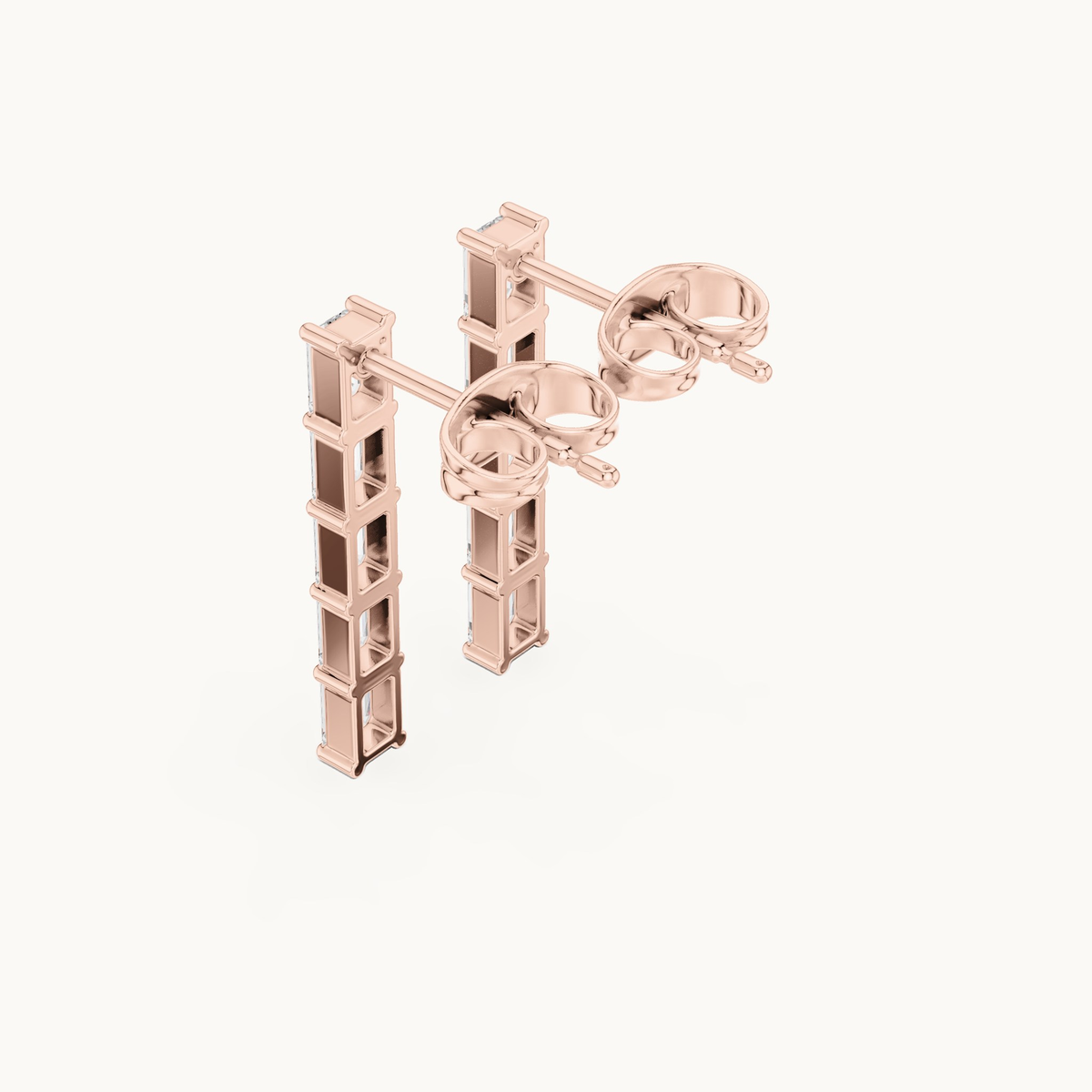 Emerald-cut lab-grown diamond line drop earrings in 14K rose gold, 0.70 CT TW, view 2