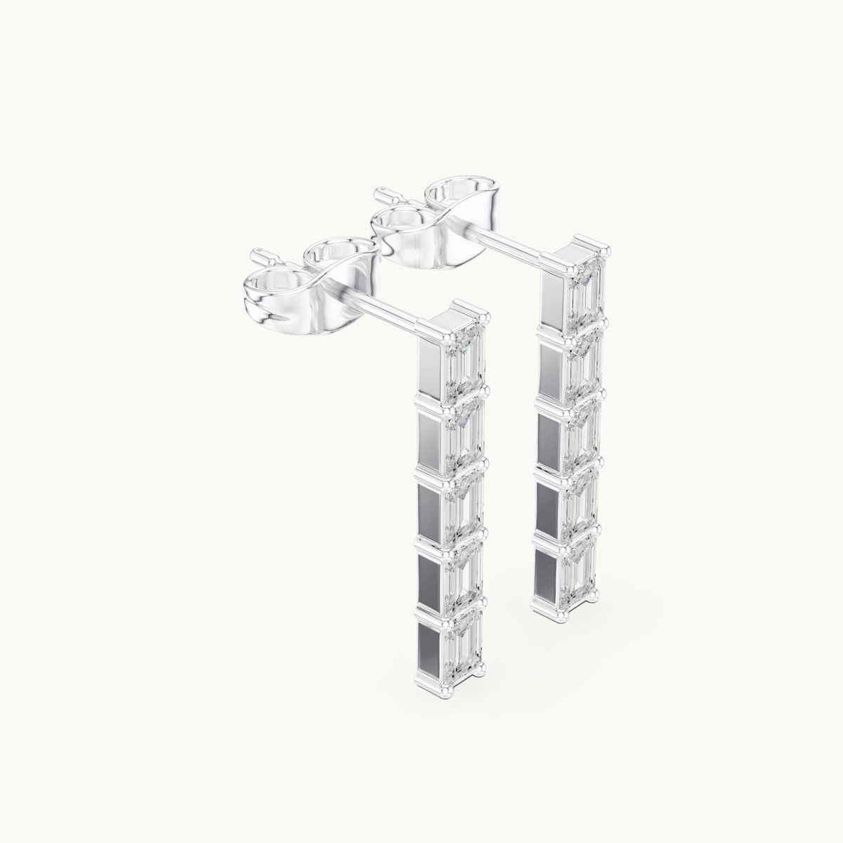 Emerald-cut lab-grown diamond line drop earrings in 14K white gold, 0.70 CT TW, view 1