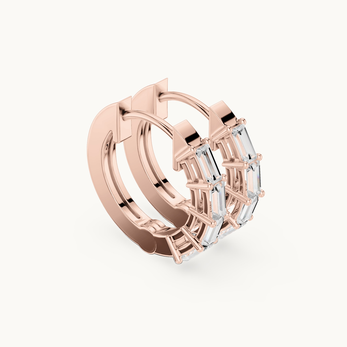 Baguette lab-grown diamond huggie hoop earrings in 14K rose gold, 0.35 CT TW, view 1