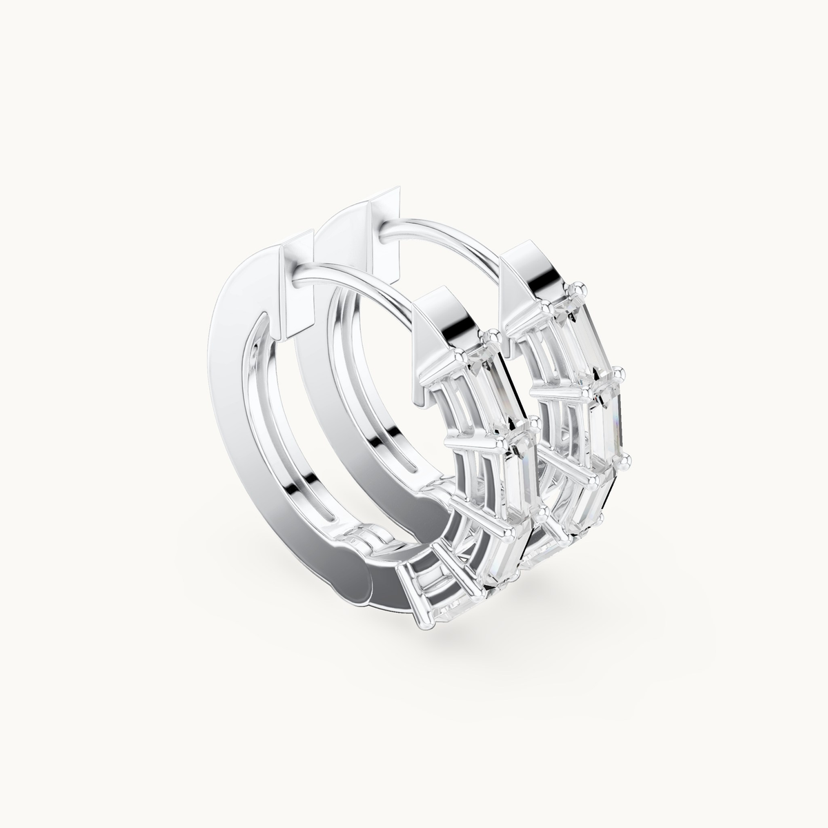 Baguette lab-grown diamond huggie hoop earrings in 14K white gold, 0.35 CT TW, view 1