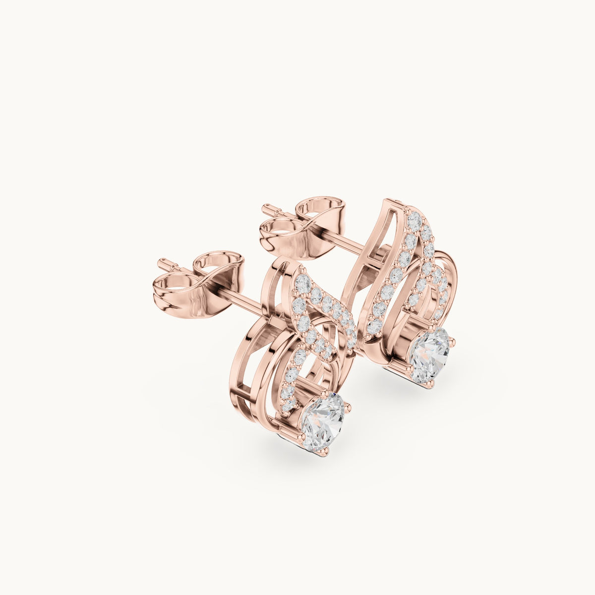 Round lab-grown diamond flame swirl stud earrings in rose gold, 0.80 CT TW, view 1