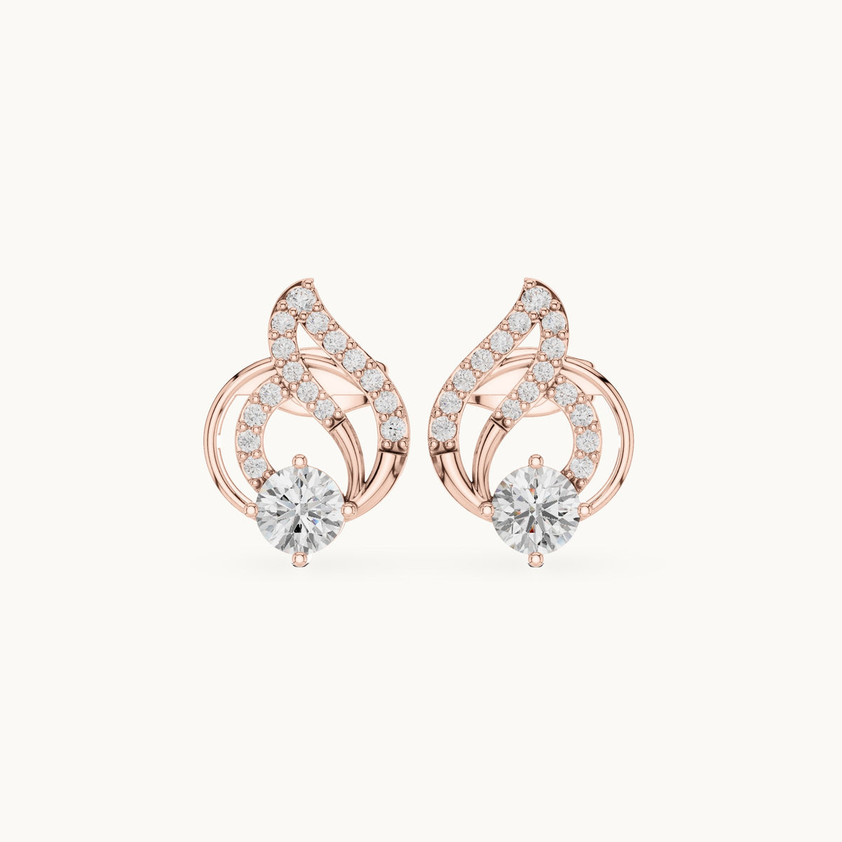 Round lab-grown diamond flame swirl stud earrings in rose gold, 0.80 CT TW, view 4