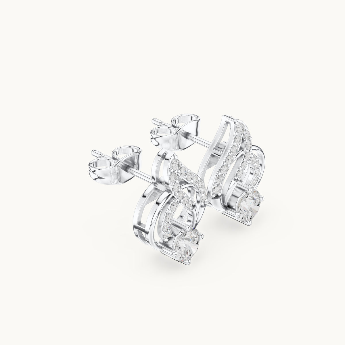 Round lab-grown diamond flame swirl stud earrings in white gold, 0.80 CT TW, view 1
