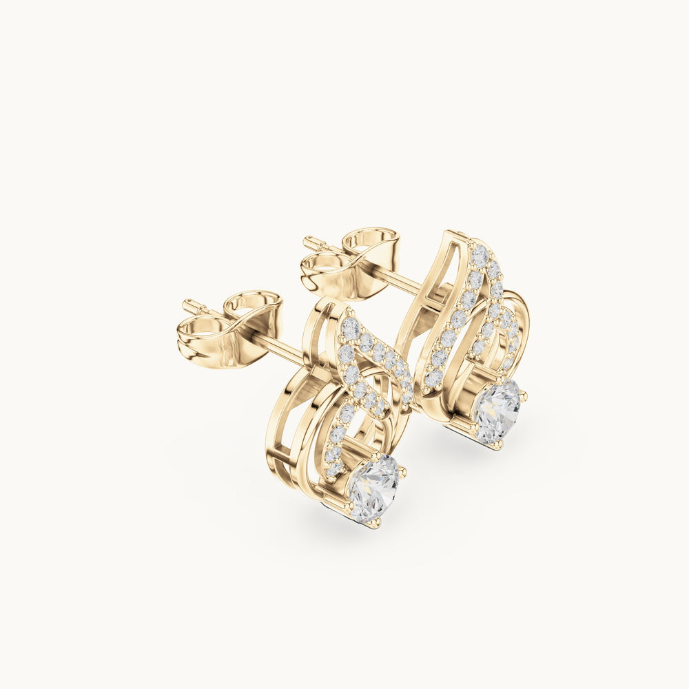 Round lab-grown diamond flame swirl stud earrings in yellow gold, 0.80 CT TW, view 1