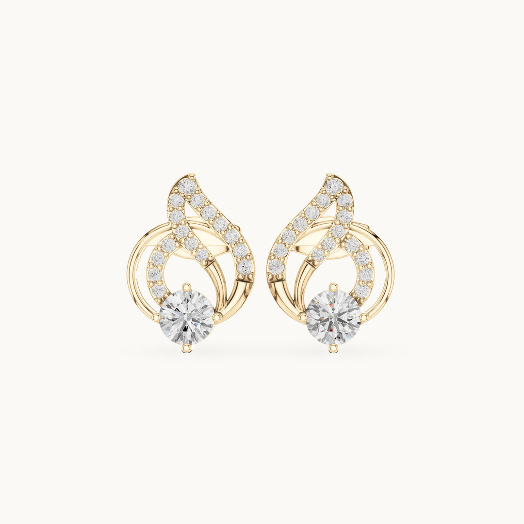 Round lab-grown diamond flame swirl stud earrings in yellow gold, 0.80 CT TW, view 4