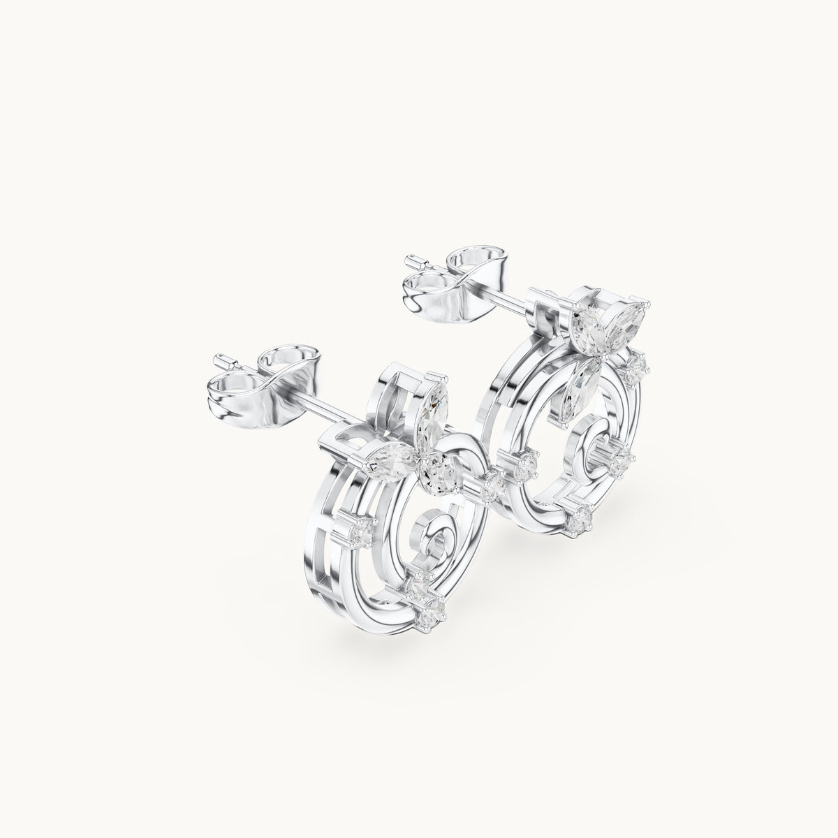 Marquise and round lab-grown diamond spiral stud earrings in white gold, 0.42 CT TW, view 1