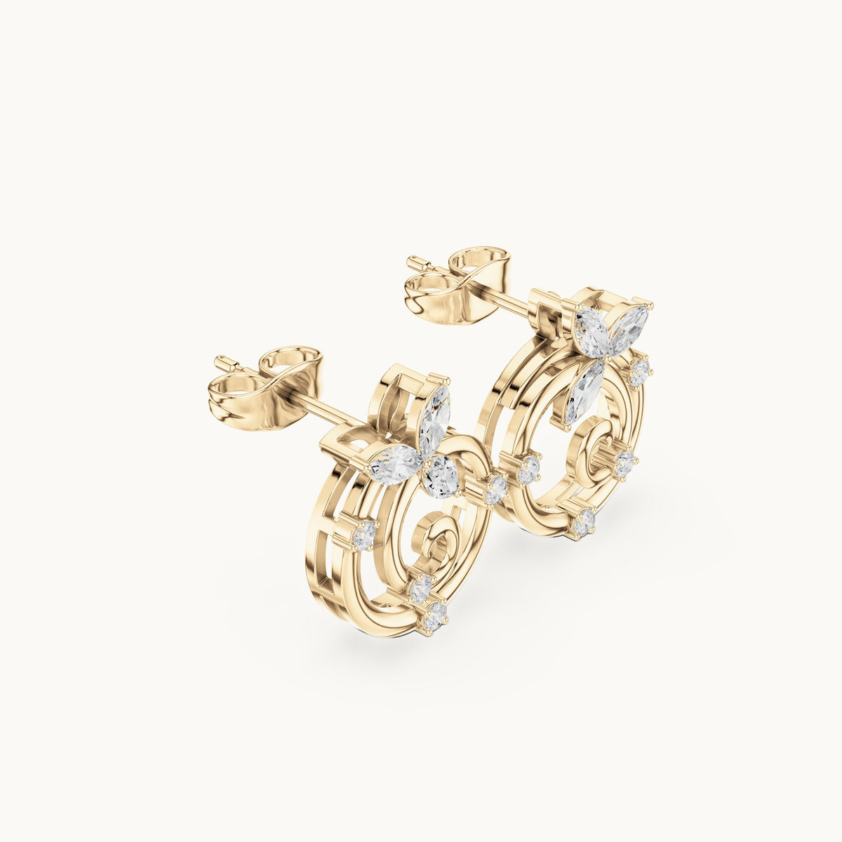 Marquise and round lab-grown diamond spiral stud earrings in yellow gold, 0.42 CT TW, view 1