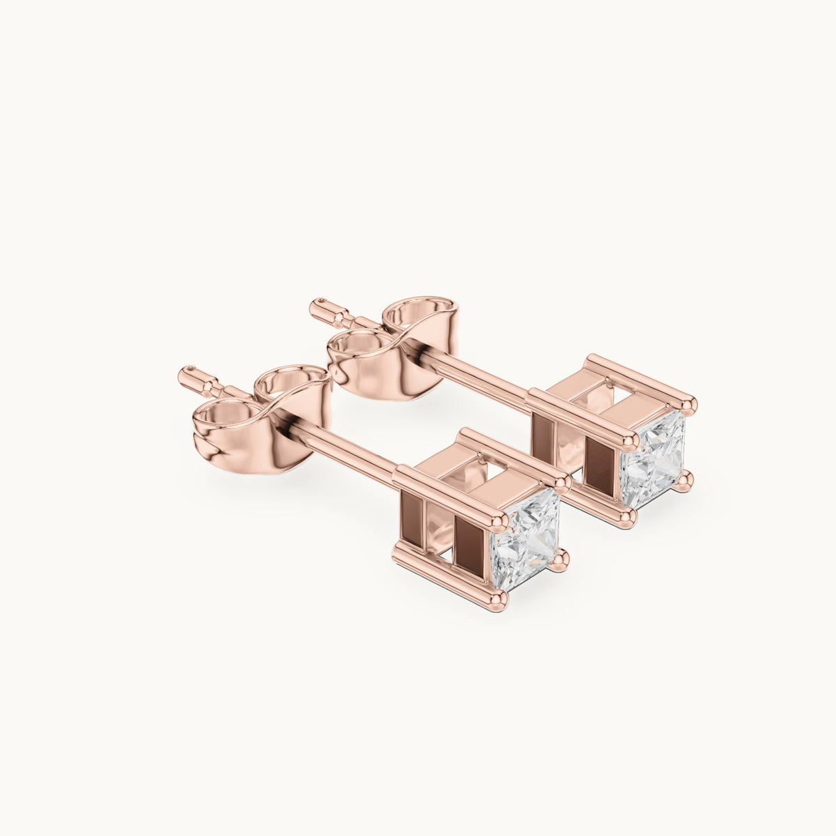 Princess-cut lab-grown diamond square collet stud earrings in rose gold, 0.07 CT TW, view 1