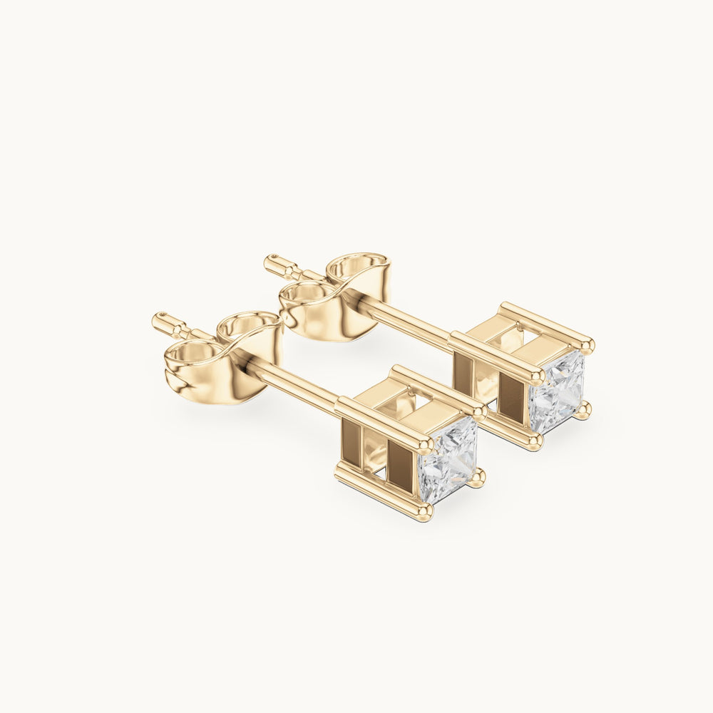Princess-cut lab-grown diamond square collet stud earrings in yellow gold, 0.07 CT TW, view 1