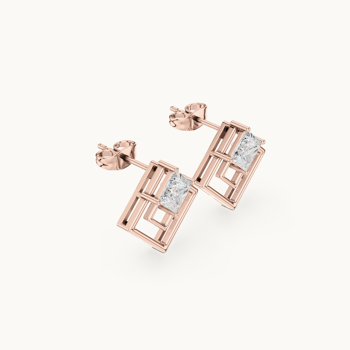 Princess-cut lab-grown diamond solitaire stud earrings in 14K rose gold, 1.60 CT TW, view 1