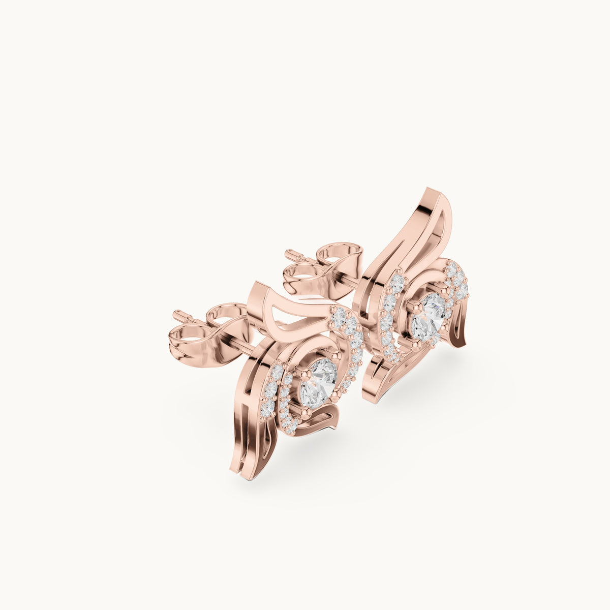 Round lab-grown diamond wing halo stud earrings in rose gold, 0.58 CT TW, view 1