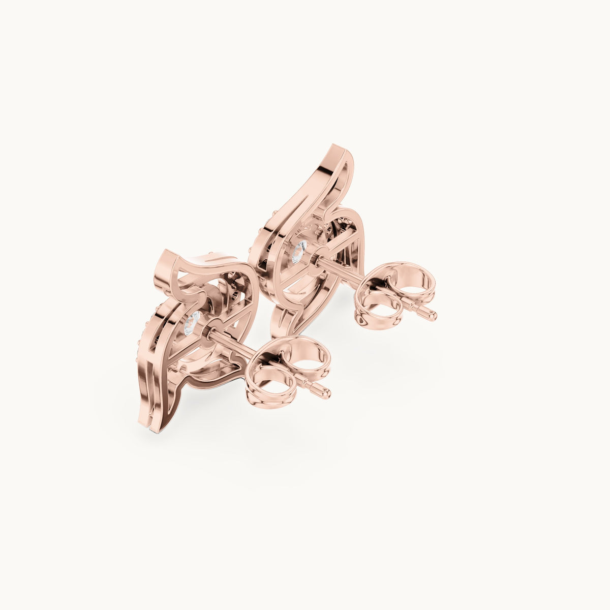 Round lab-grown diamond wing halo stud earrings in rose gold, 0.58 CT TW, view 2