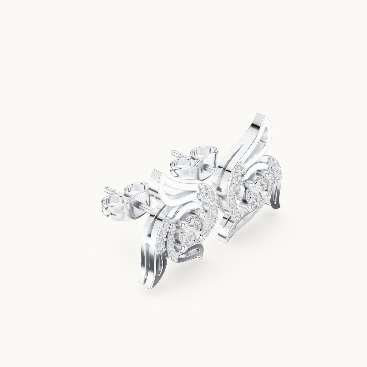 Round lab-grown diamond wing halo stud earrings in white gold, 0.58 CT TW, view 1
