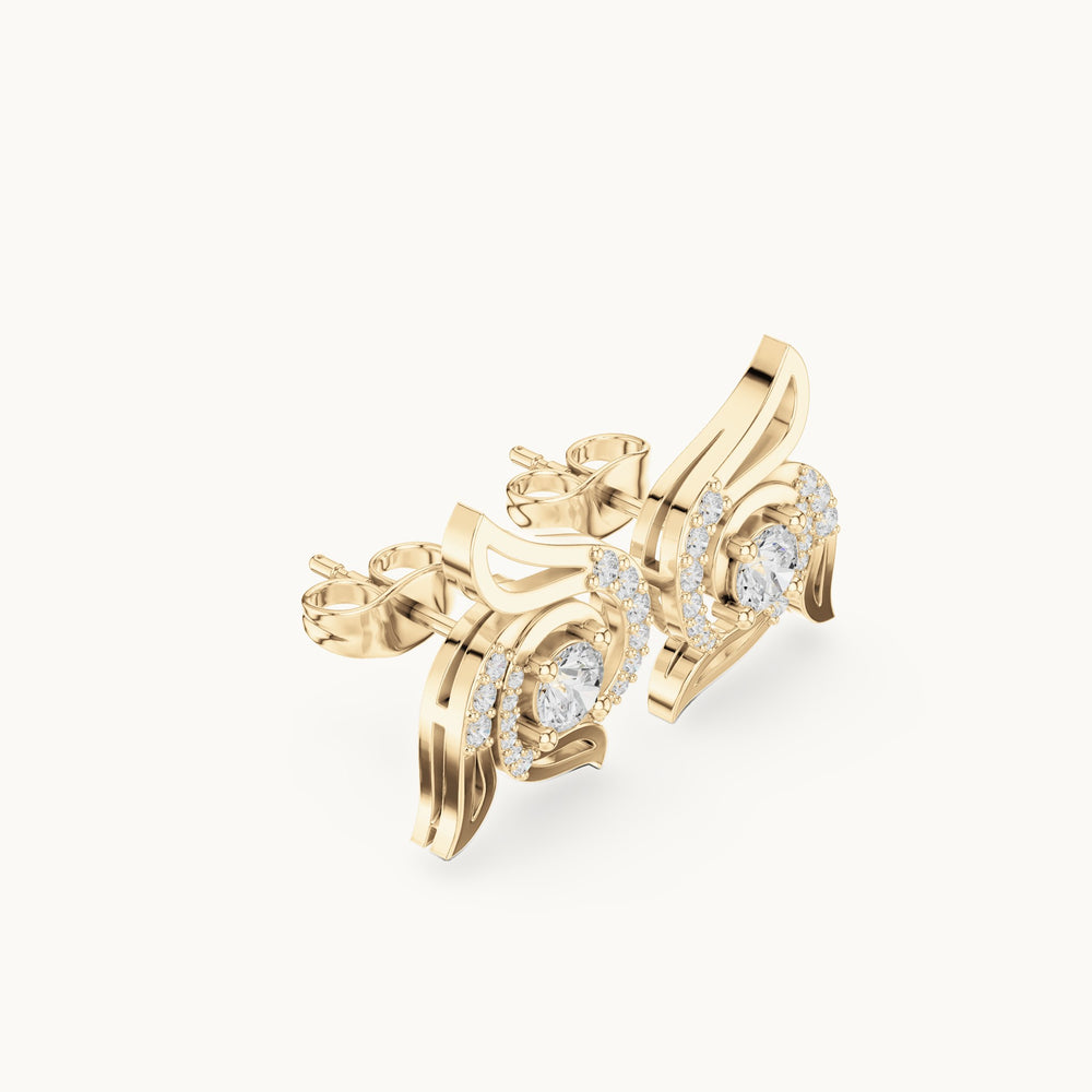 Round lab-grown diamond wing halo stud earrings in yellow gold, 0.58 CT TW, view 1