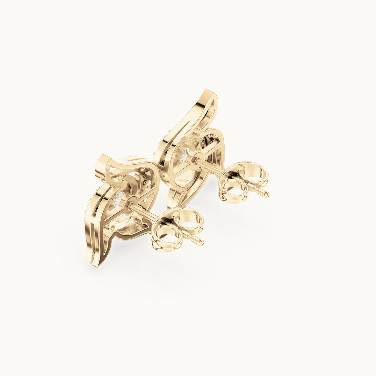 Round lab-grown diamond wing halo stud earrings in yellow gold, 0.58 CT TW, view 2