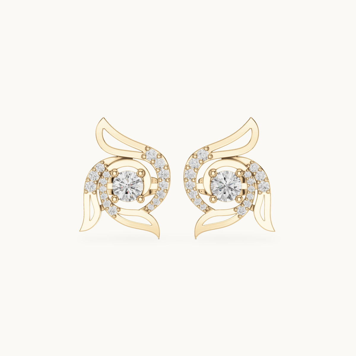 Round lab-grown diamond wing halo stud earrings in yellow gold, 0.58 CT TW, view 4