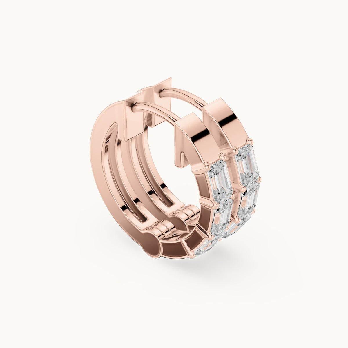 Emerald-cut lab-grown diamond huggie hoop earrings in rose gold, 0.34 CT TW, view 1