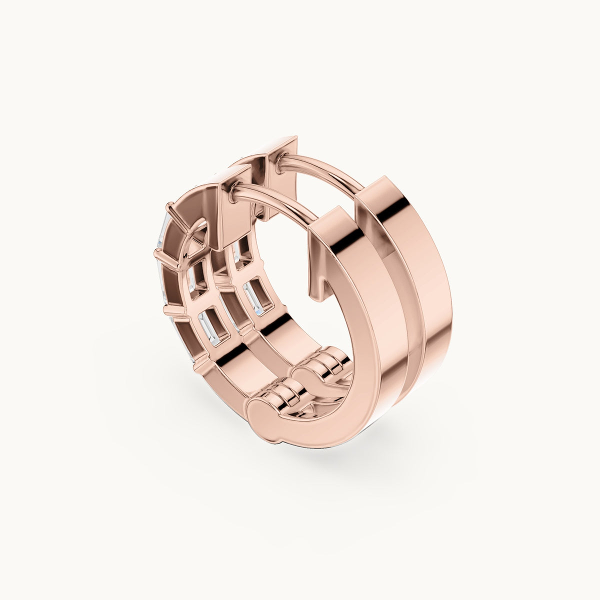Emerald-cut lab-grown diamond huggie hoop earrings in rose gold, 0.34 CT TW, view 2