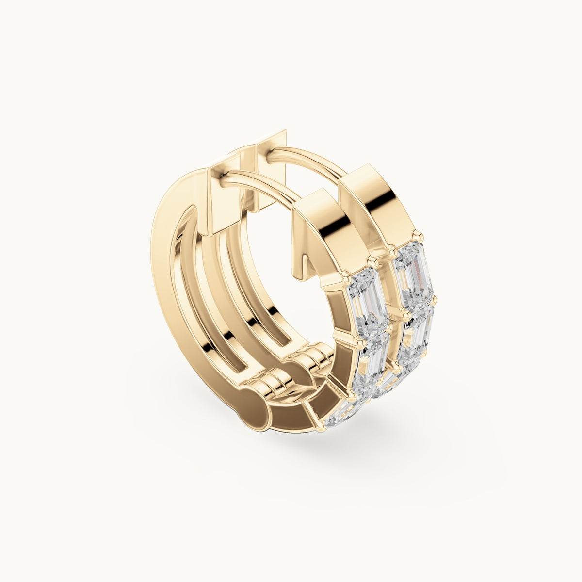 Emerald-cut lab-grown diamond huggie hoop earrings in yellow gold, 0.34 CT TW, view 1