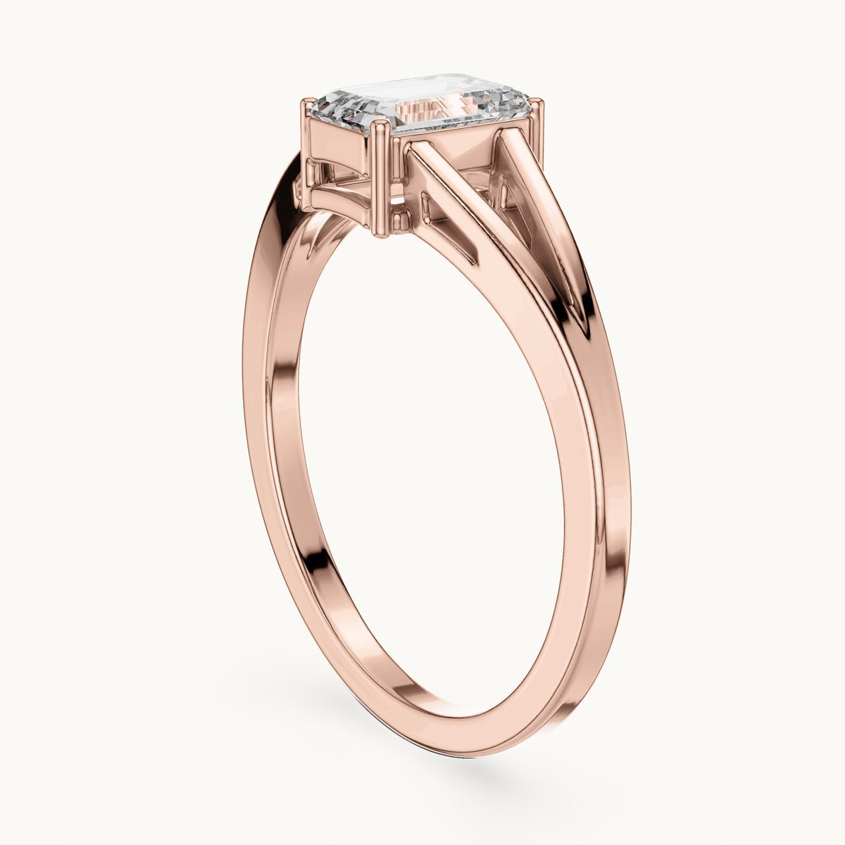 Emerald-cut lab-grown diamond split shank solitaire engagement ring in rose gold, 0.70 CT TW, view 1