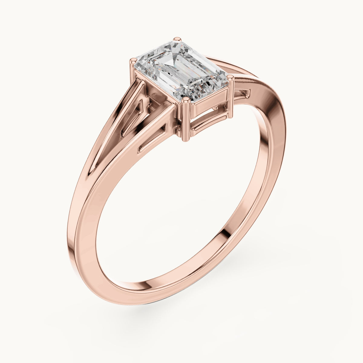 Emerald-cut lab-grown diamond split shank solitaire engagement ring in rose gold, 0.70 CT TW, view 2