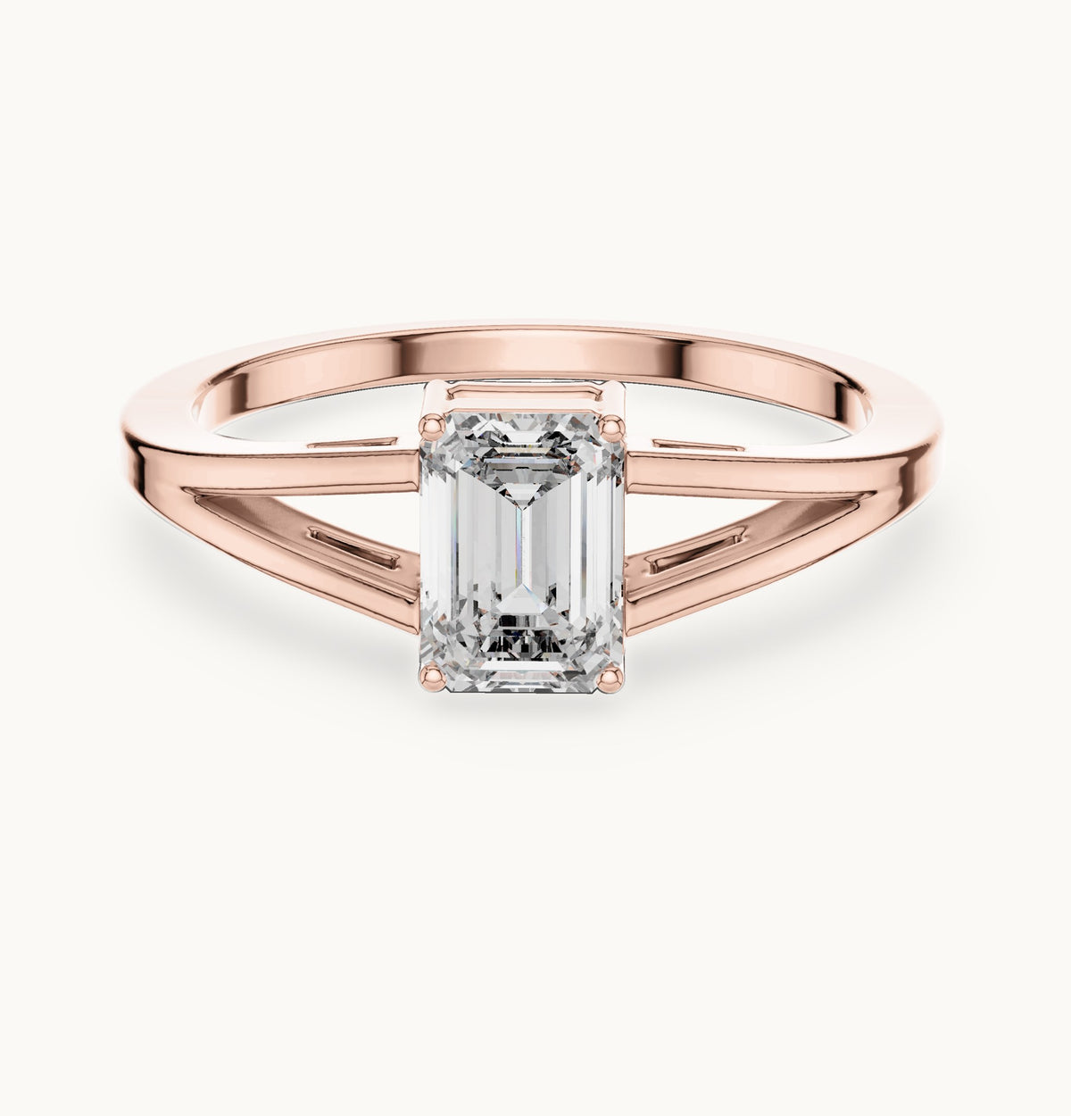 Emerald-cut lab-grown diamond split shank solitaire engagement ring in rose gold, 0.70 CT TW, view 4