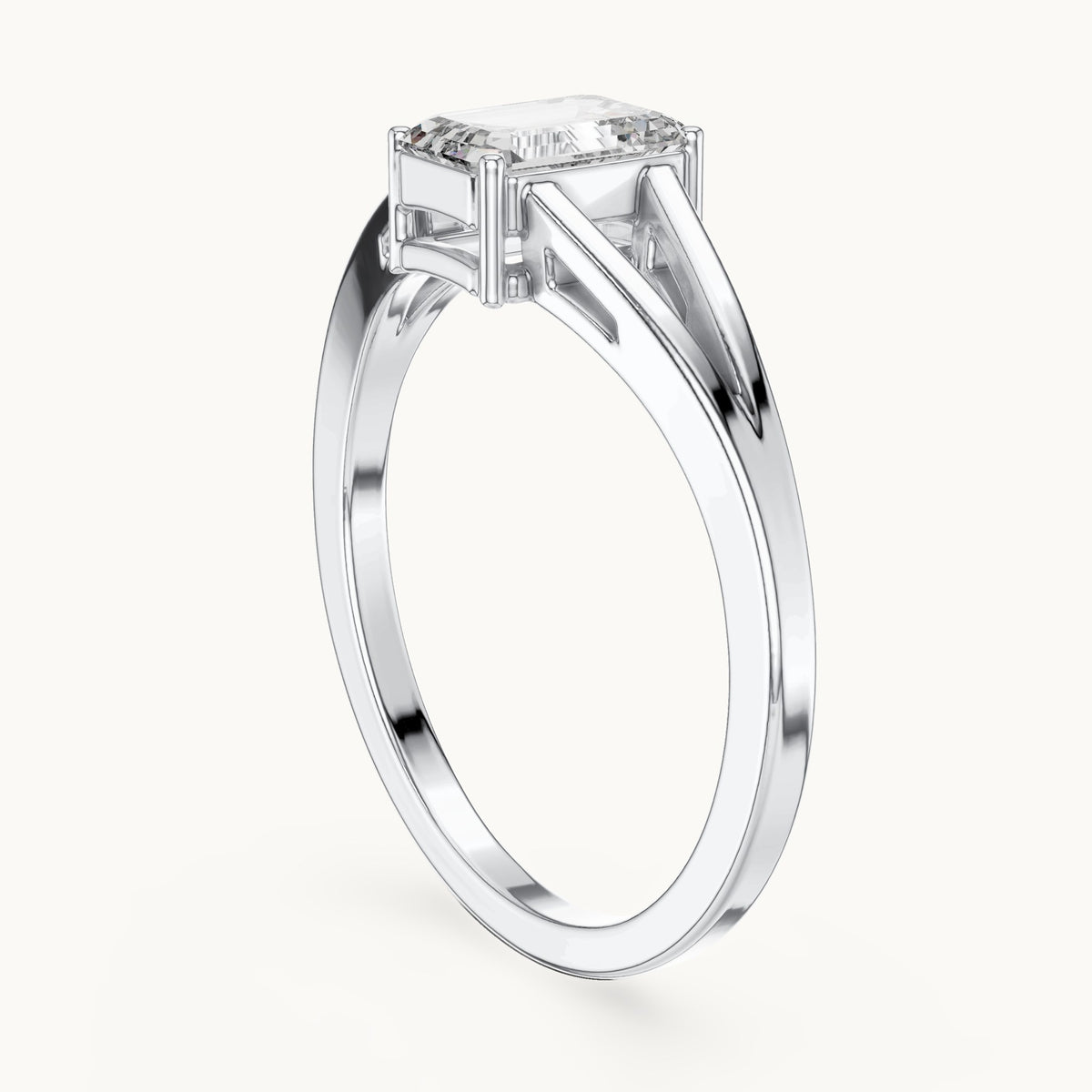 Emerald-cut lab-grown diamond split shank solitaire engagement ring in white gold, 0.70 CT TW, view 1