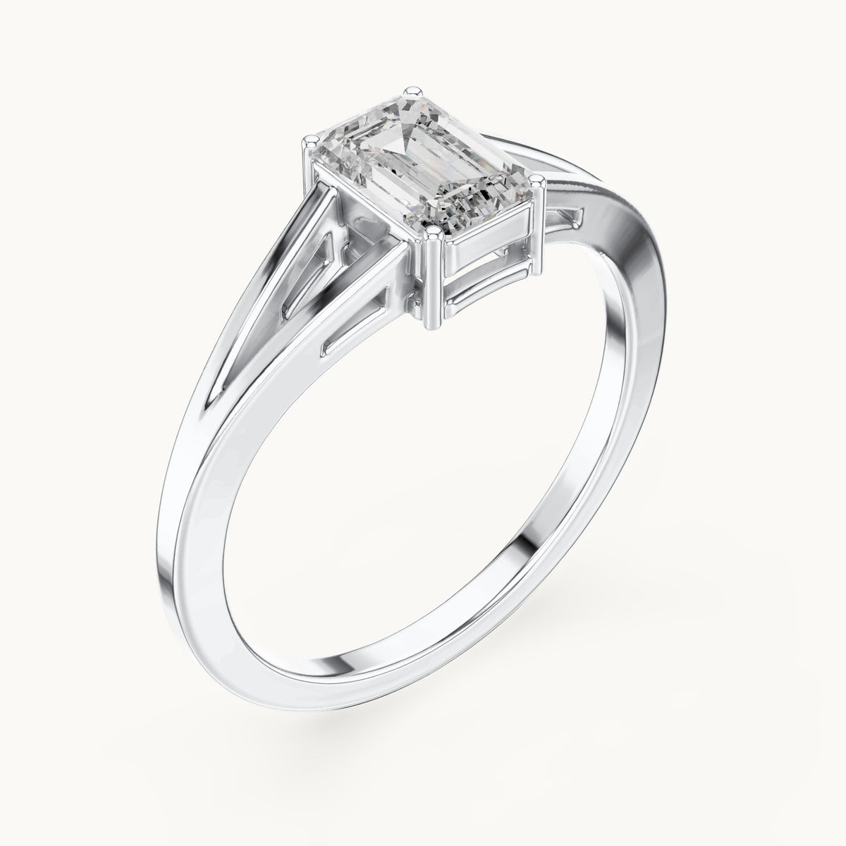 Emerald-cut lab-grown diamond split shank solitaire engagement ring in white gold, 0.70 CT TW, view 2