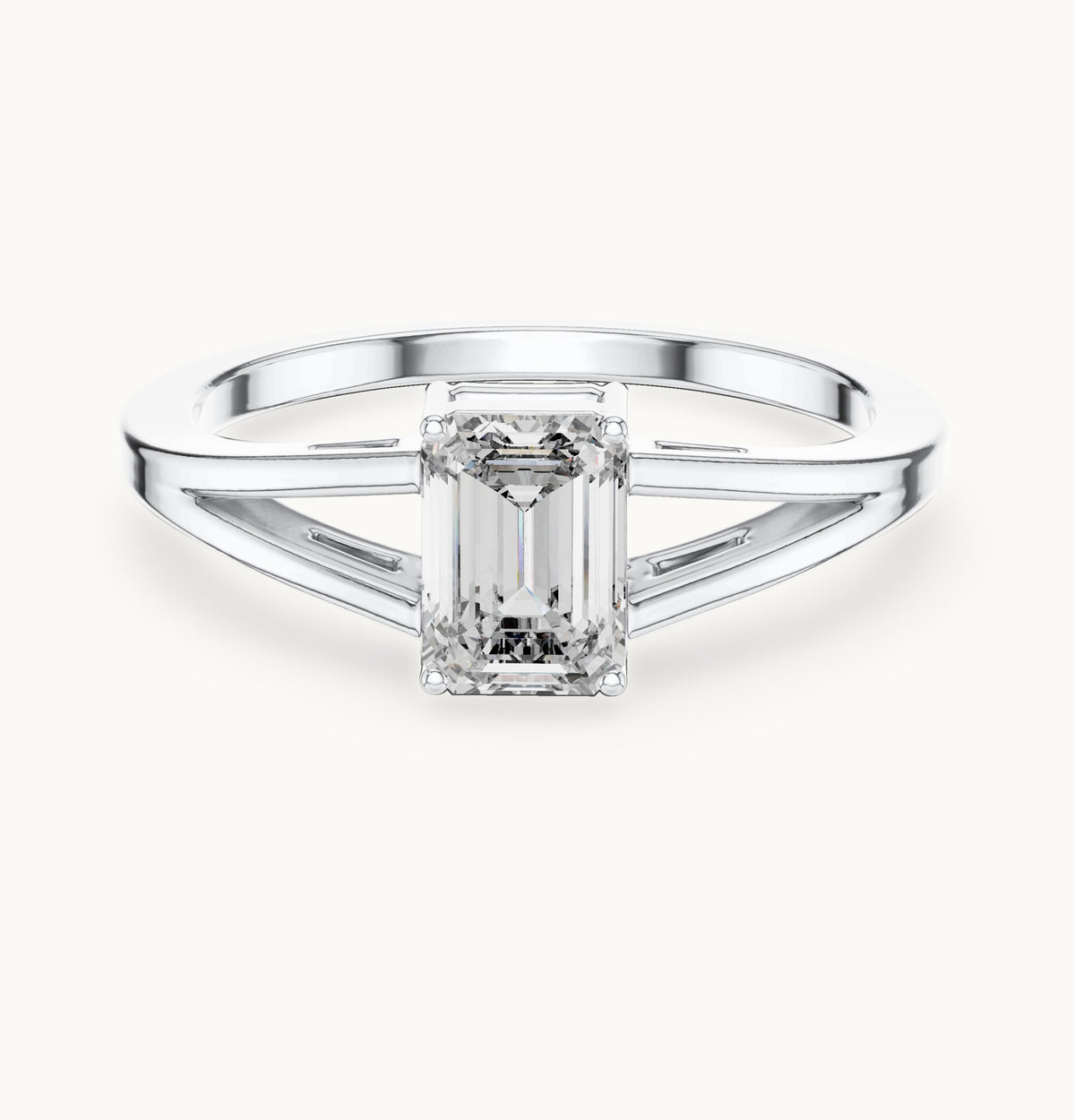 Emerald-cut lab-grown diamond split shank solitaire engagement ring in white gold, 0.70 CT TW, view 4