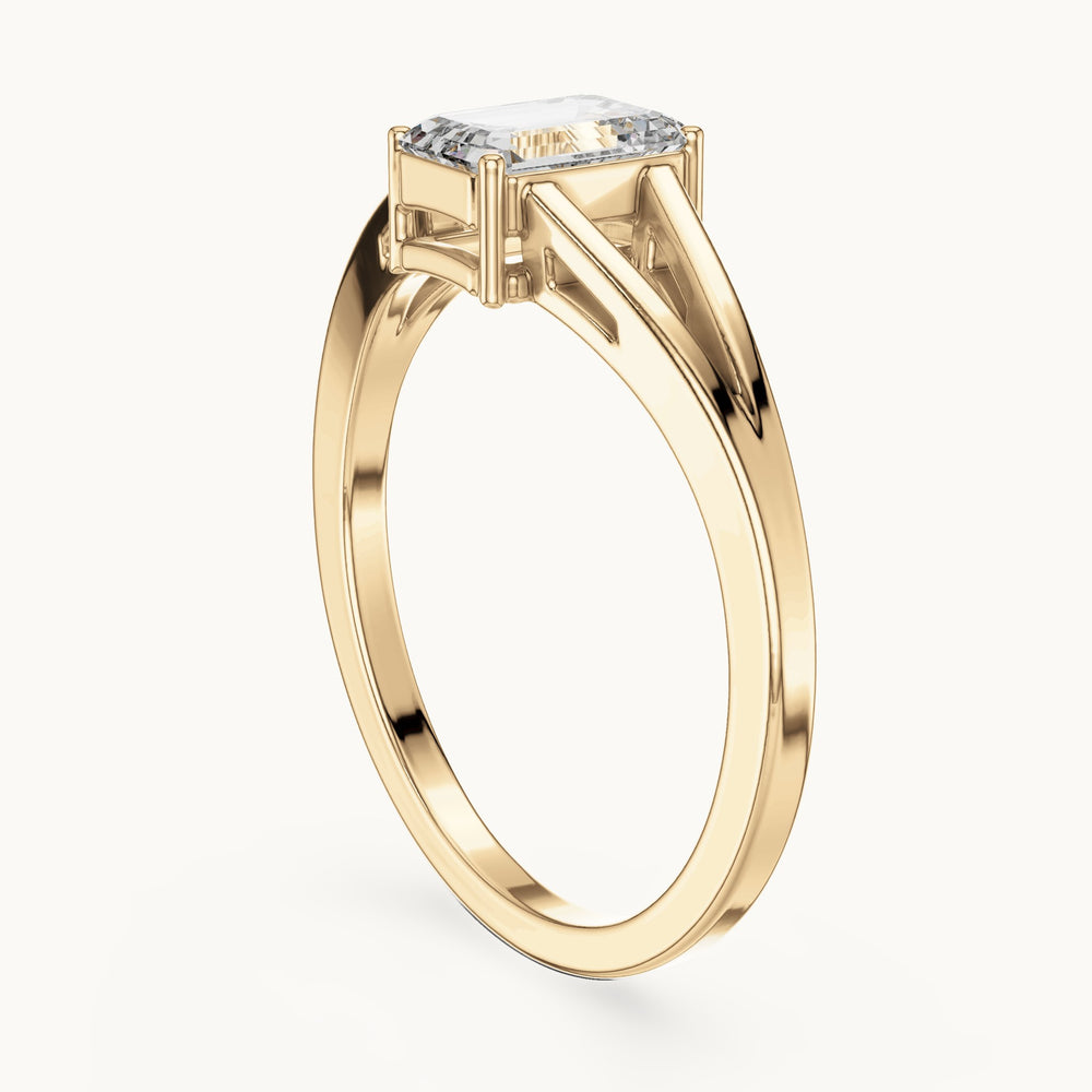 Emerald-cut lab-grown diamond split shank solitaire engagement ring in yellow gold, 0.70 CT TW, view 1