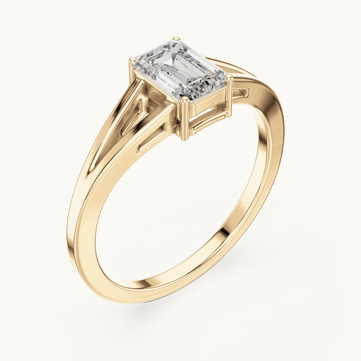 Emerald-cut lab-grown diamond split shank solitaire engagement ring in yellow gold, 0.70 CT TW, view 2