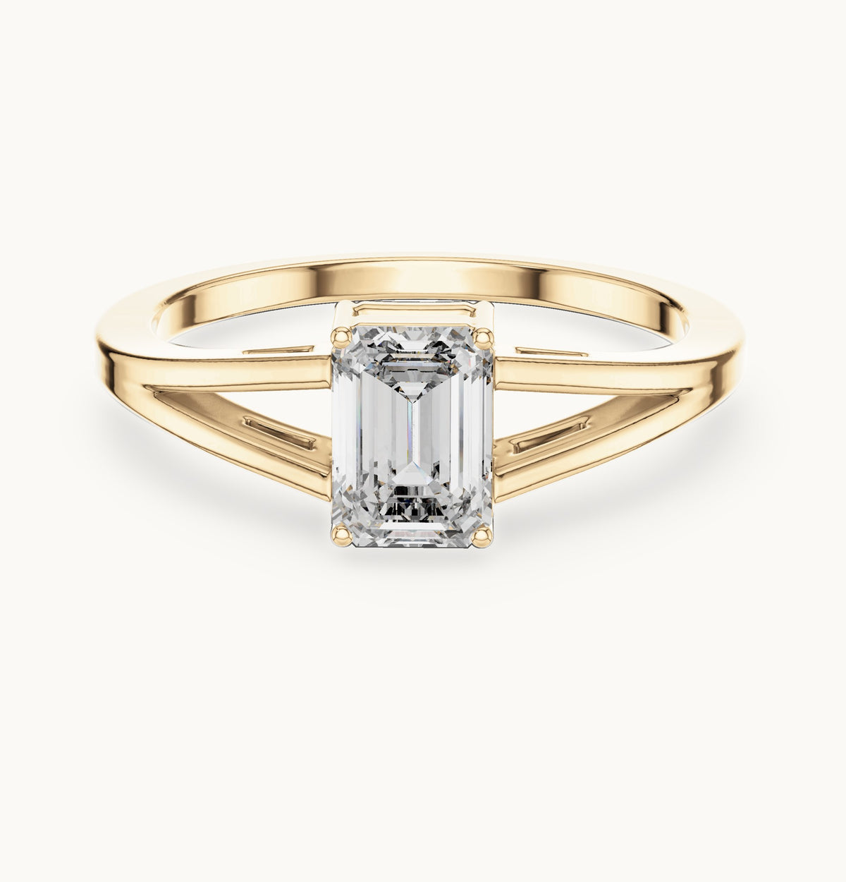 Emerald-cut lab-grown diamond split shank solitaire engagement ring in yellow gold, 0.70 CT TW, view 4