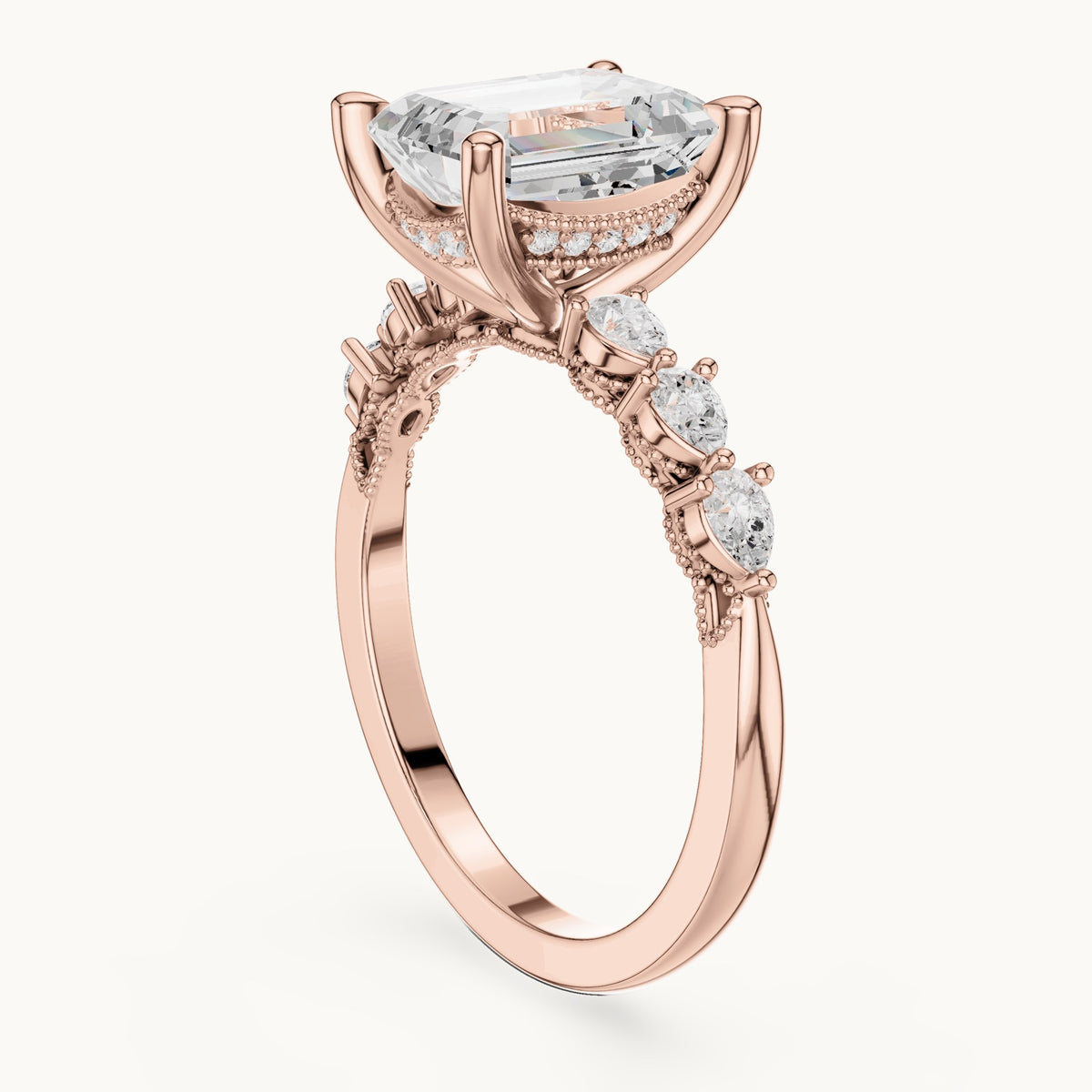 Emerald-cut, pear and round lab-grown diamond engagement ring with pear side stones in rose gold, 2.434 CT TW, view 1
