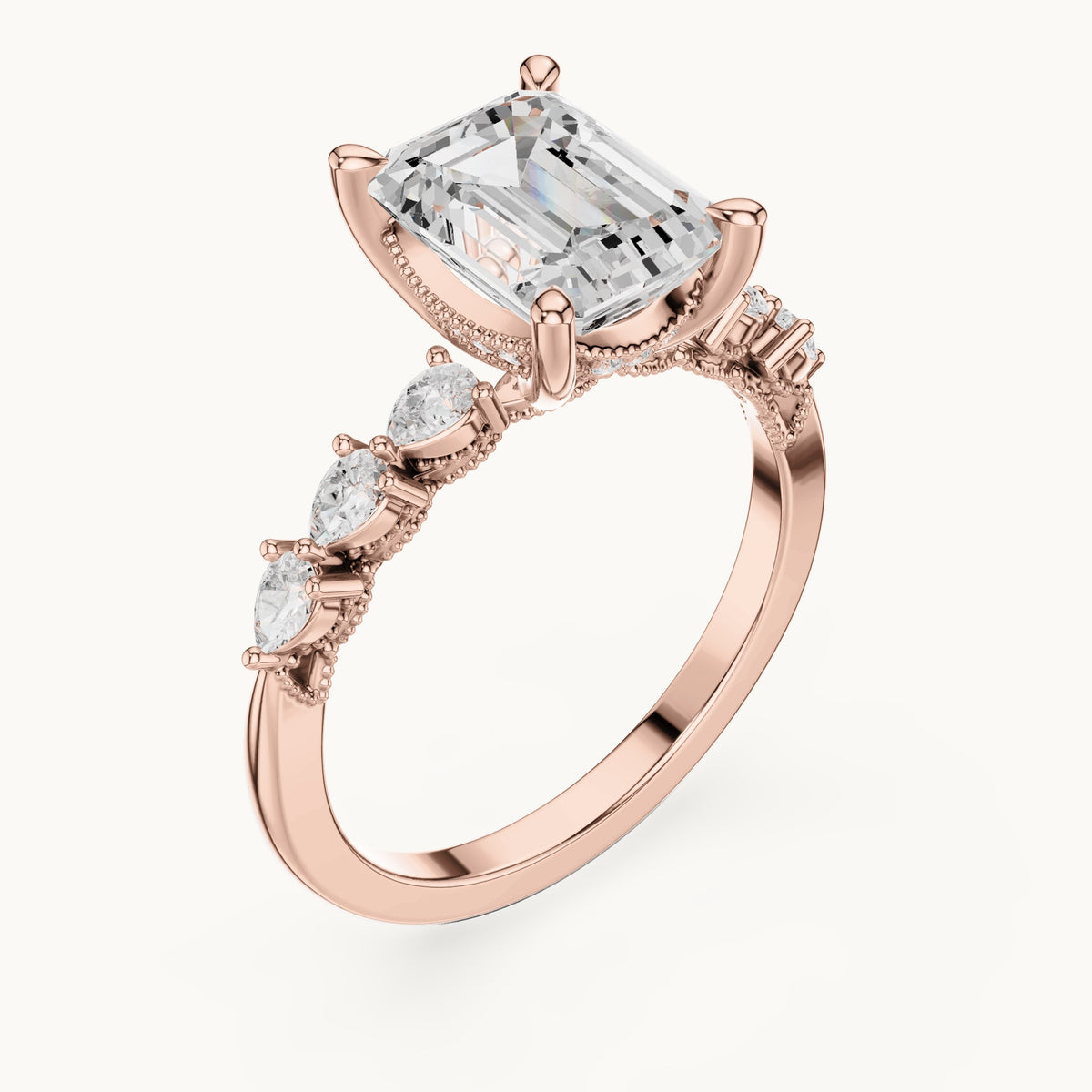 Emerald-cut, pear and round lab-grown diamond engagement ring with pear side stones in rose gold, 2.434 CT TW, view 2