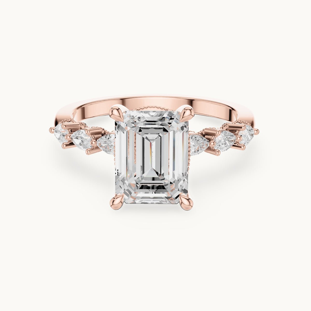 Emerald-cut, pear and round lab-grown diamond engagement ring with pear side stones in rose gold, 2.434 CT TW, view 4