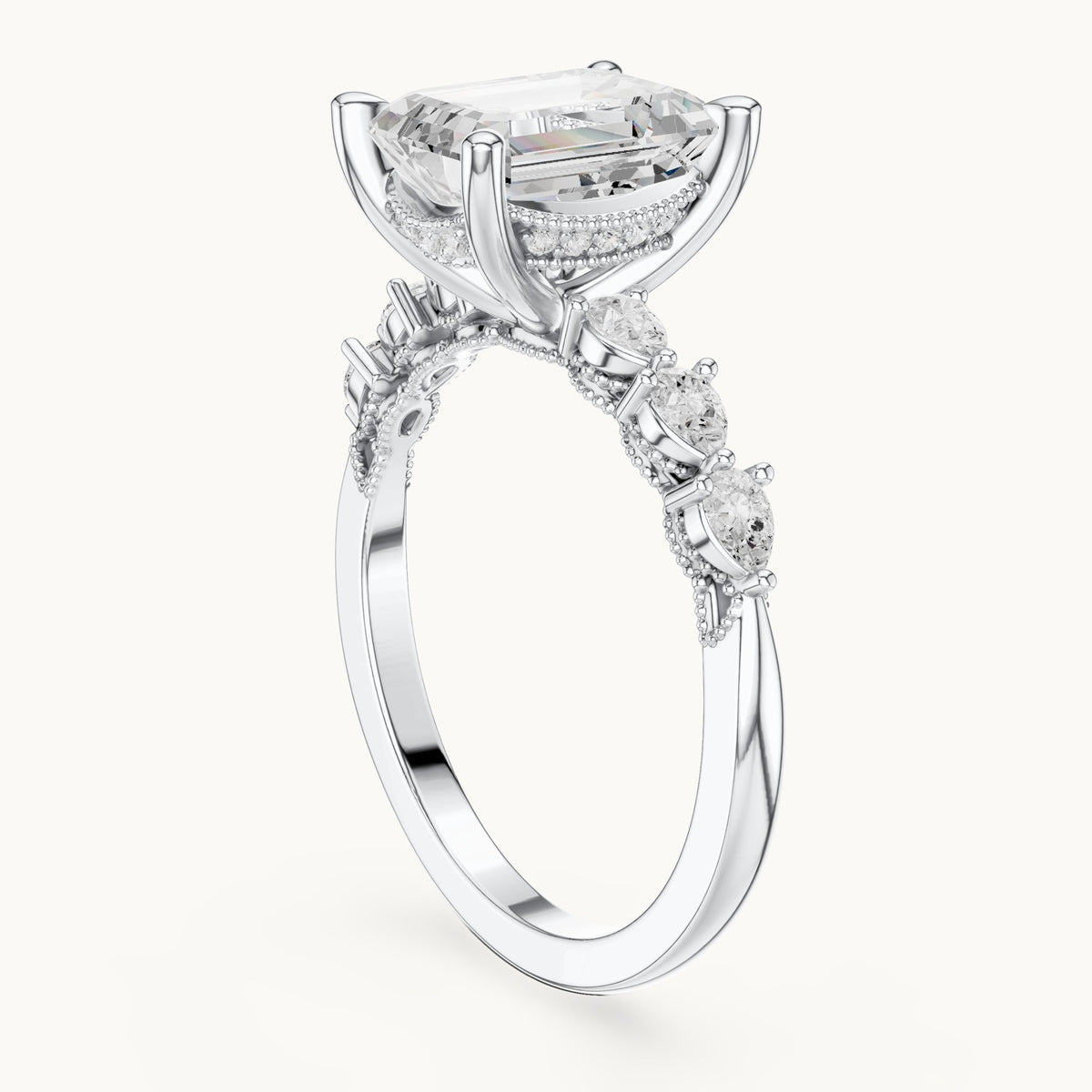Emerald-cut, pear and round lab-grown diamond engagement ring with pear side stones in white gold, 2.434 CT TW, view 1