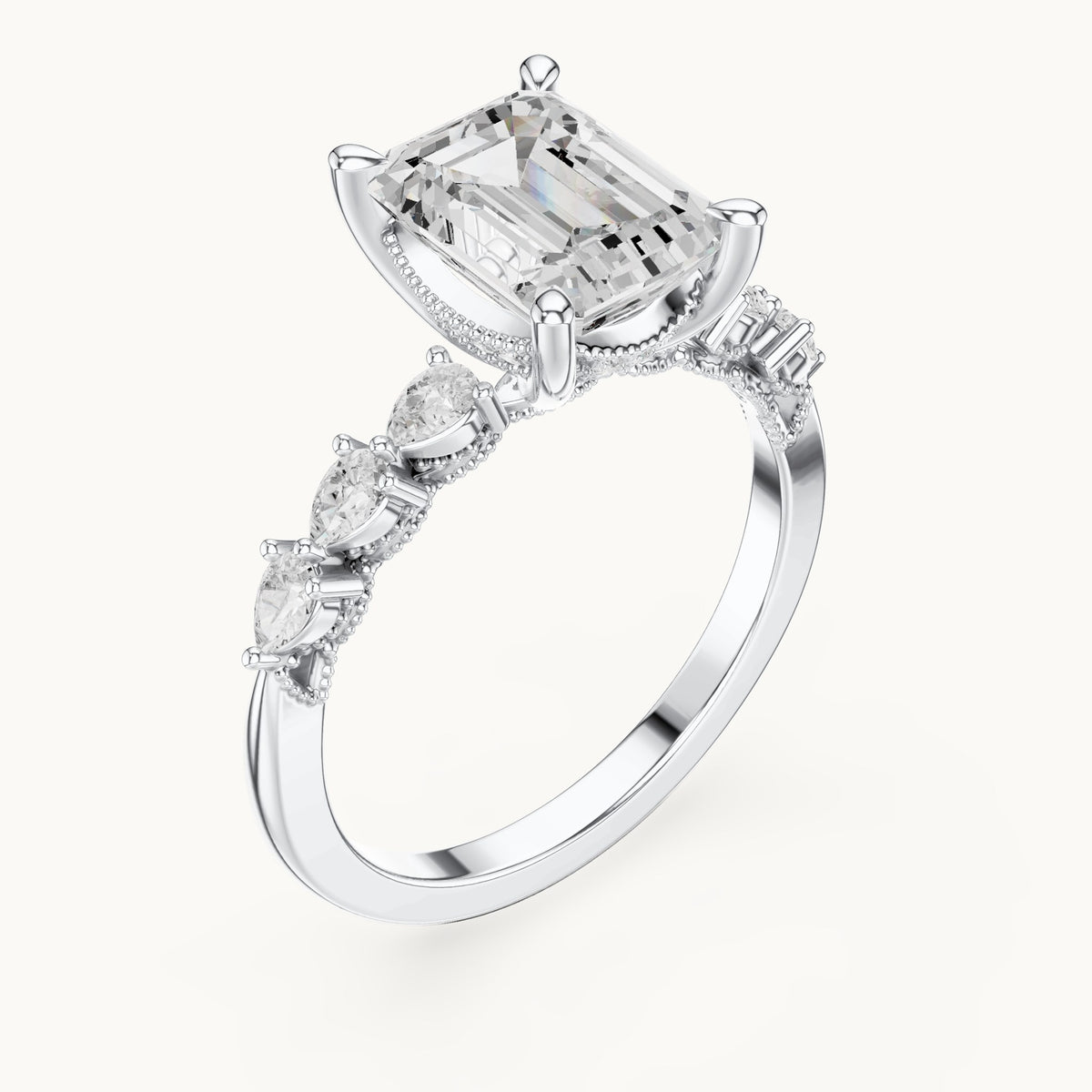 Emerald-cut, pear and round lab-grown diamond engagement ring with pear side stones in white gold, 2.434 CT TW, view 2