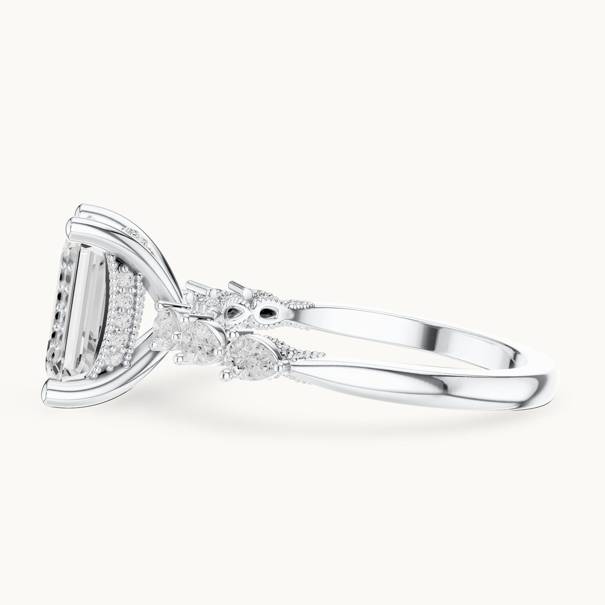 Emerald-cut, pear and round lab-grown diamond engagement ring with pear side stones in white gold, 2.434 CT TW, view 3