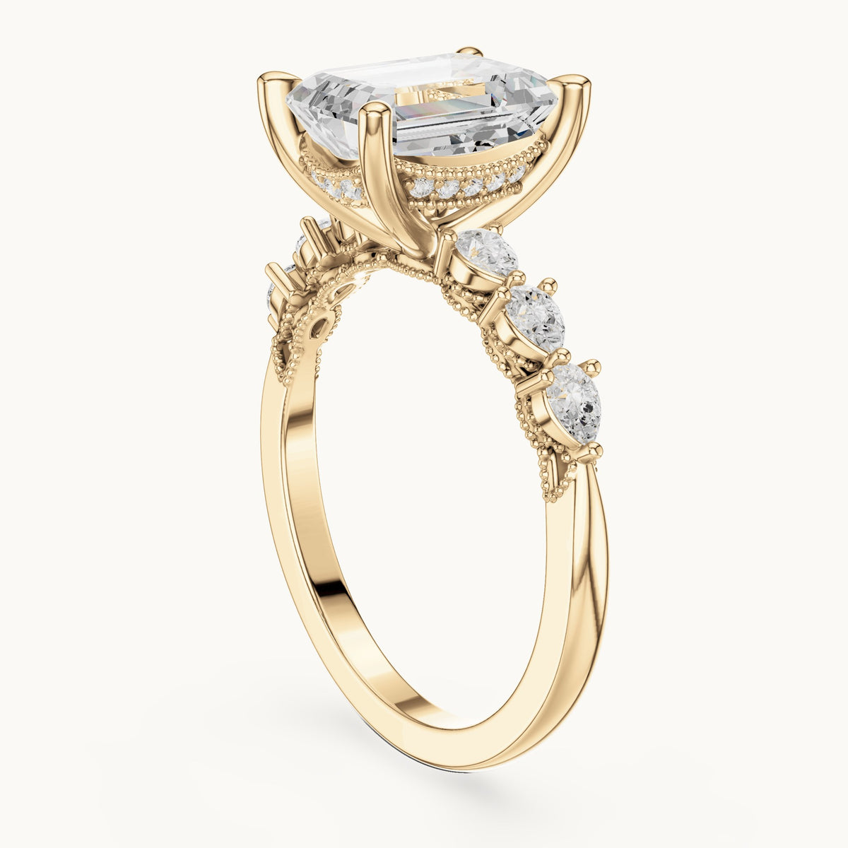 Emerald-cut, pear and round lab-grown diamond engagement ring with pear side stones in yellow gold, 2.434 CT TW, view 1
