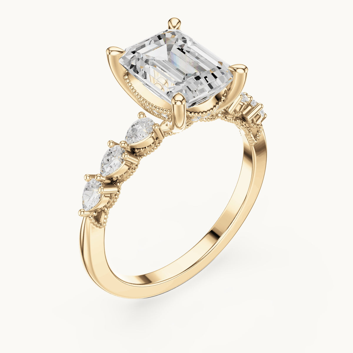 Emerald-cut, pear and round lab-grown diamond engagement ring with pear side stones in yellow gold, 2.434 CT TW, view 2