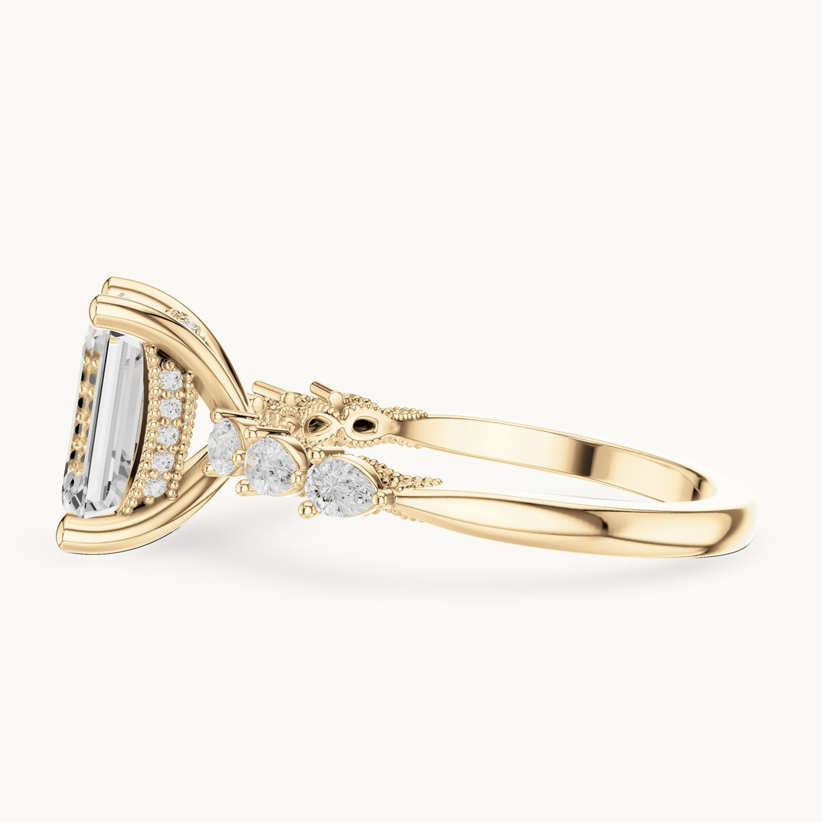 Emerald-cut, pear and round lab-grown diamond engagement ring with pear side stones in yellow gold, 2.434 CT TW, view 3