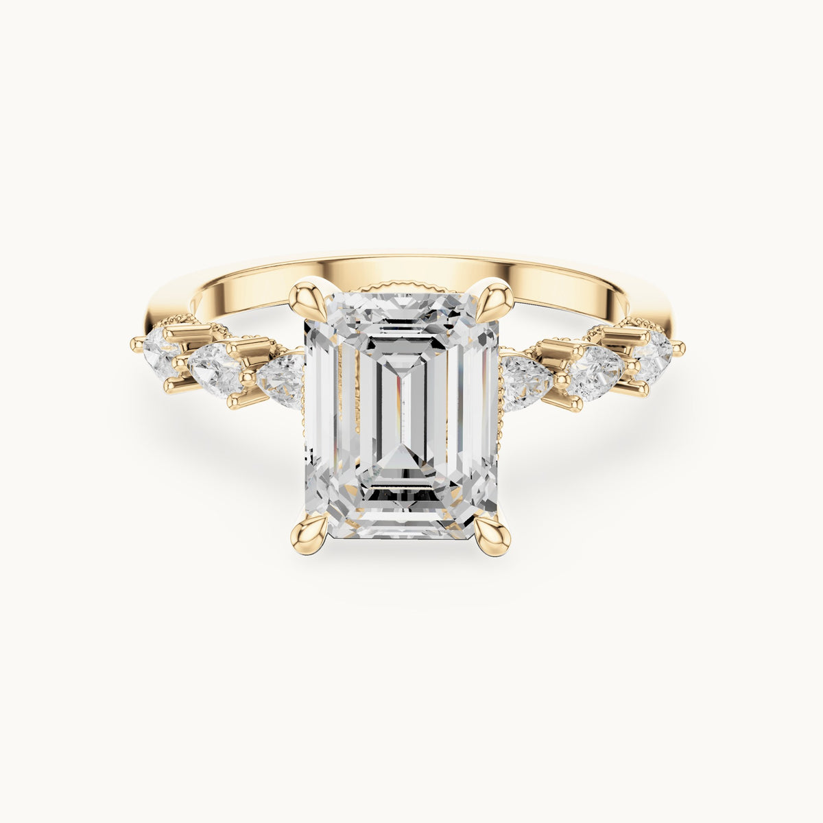 Emerald-cut, pear and round lab-grown diamond engagement ring with pear side stones in yellow gold, 2.434 CT TW, view 4